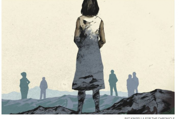 Image of a woman looking into a desolate landscape with the silhouette of other people looking the same direction. Credit: Pat Kinsella for The Chronicle of Higher Education.