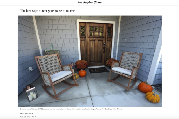 LA Times article by SideHusl with a welcoming image of porch with two rocking chairs and pumpkins.